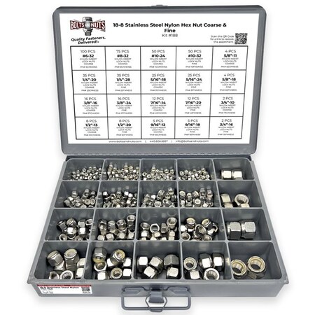 Boltsandnuts.Com Inch Stainless Steel Nylon Insert Hex Nut Coarse & Fine - 490 pcs Assortment Kit #188